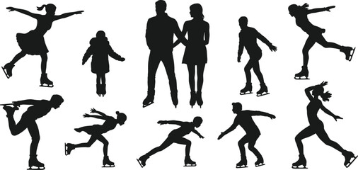 Ice skating silhouette set, black vector skaters in dynamic poses for winter sports, figure skating, lifestyle, and design illustration
