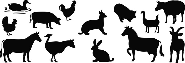 Fototapeta premium Farm animal silhouette set, black vector icons of livestock and poultry for agriculture, education, rural life, and design themes