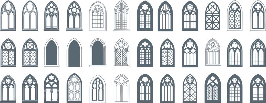 Gothic window silhouette set, ornate architectural designs with tracery and arches for medieval, church, restoration and design themes
