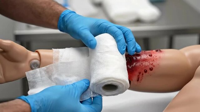Medical Training Demonstration Applying Bandage To Realistic Injury On Anatomical Model Leg With Realistic Blood Splatter In Brightly Lit Clinical Setting
