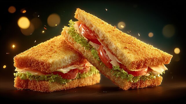 Delicious toasted sandwiches with fresh vegetables and cheese, studio shot.