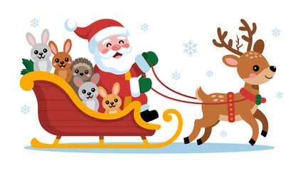 Christmas Delight: Santa Claus embarks on a joyful journey, his sleigh pulled by a spirited reindeer, carrying cheerful animal companions through a winter wonderland filled with festive cheer.