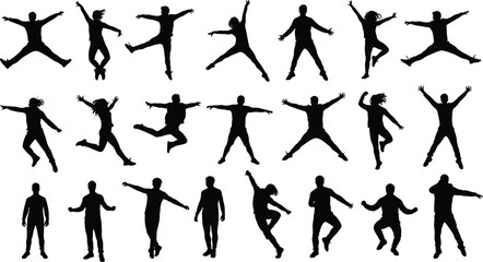 Human silhouette poses, dynamic motion icons, jumping, dancing, stretching, expressive body language, black figures, anatomy study, vector design