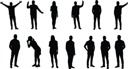 Human silhouette poses, gesture icons, body language set, standing figures, black outline, posture collection, motion study, vector design