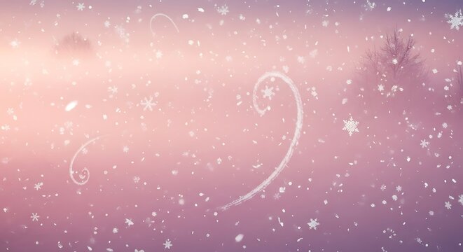 Dreamy Winter Scene with Falling Snowflakes and Swirling Frosty Patterns on a Soft Pink and Purple Background