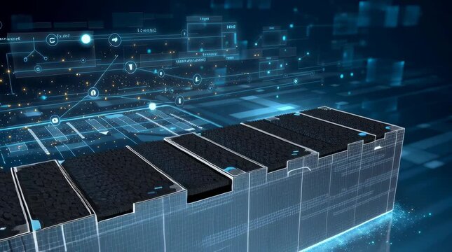 On a deep blue black gradient background, a set of high-precision 3D models form the core visual: on the right is a semi transparent battery cell structure, with regular electrode layers and electroly