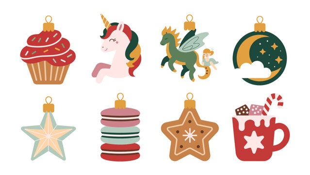 Whimsical Christmas Ornaments: A delightful assortment of festive ornaments, including a cupcake, unicorn, pegasus, moon, star, macarons, gingerbread star, and hot cocoa, ready to bring cheer. 