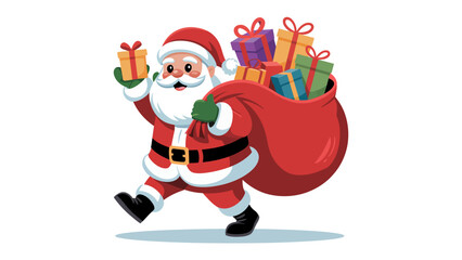 Holiday Cheer: Santa Claus with gift, Walking Santa, cheerful festive illustration. Santa strides joyfully, carrying a sack overflowing with vibrant gifts, ready to spread Christmas cheer.