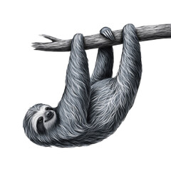 Fototapeta premium Detailed illustration of a sloth hanging from a tree branch in grayscale with a black background suitable for educational or wildlife themes