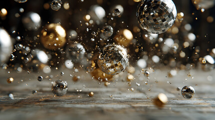 Christmas ornament explosion concept, metallic spheres floating midair, dynamic freeze-frame lighting and geometric composition