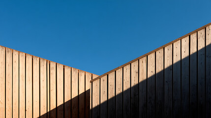 Natural wood siding against clear blue sky with dramatic shadow planks texture