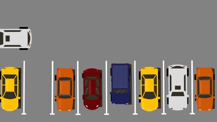 Animated single car parking between rows of parked cars in a parking area. Clear top view showing the vehicle maneuvering into the space.