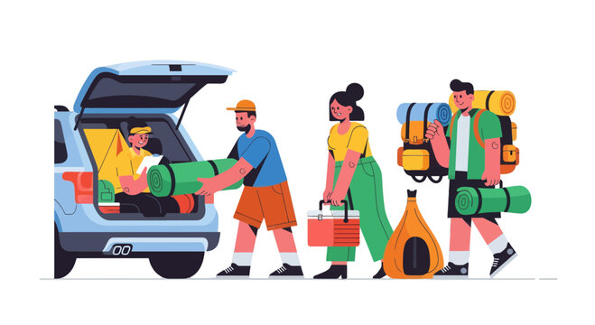 Group Prepares For A Journey, Loading Gear Into Car With Camping Equipment Present