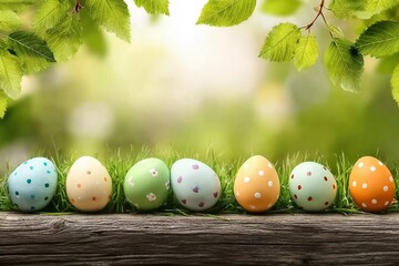 Fototapeta premium Seven painted easter eggs celebrating a Happy Easter on a spring day with a green grass meadow, bright sunlight, tree leaves, warm colour background, copy space and a wooden bench to display products.