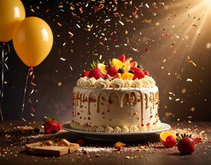 Delicious cake with assorted fruits and confetti