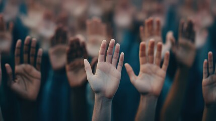 A crowd of diverse hands raised, symbolizing unity and collective action, set against a blurred background.