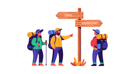 Obraz premium Hikers Choosing Direction at Trail Sign, Deciding on Trail or Viewpoint, Vector Illustration