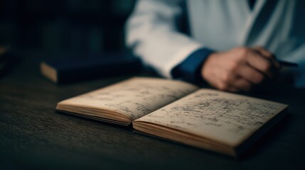 Naklejka premium A close-up of a person in a lab coat writing notes in a notebook, suggesting research or study in a scholarly environment.