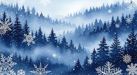 A serene winter landscape illustration featuring a misty blue forest of pine trees on hills with intricate snowflakes falling