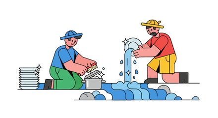 Illustrated Illustration Depicting Two Persons Performing Dishes Washing Chore in the Kitchen