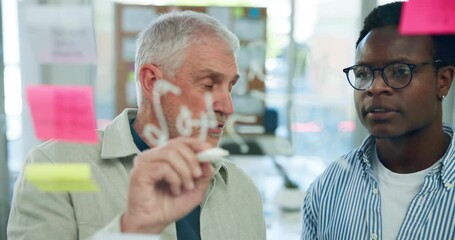 People, writing or strategy at glass wall with financial plan, sticky note or business mentorship. Mature man, employee or brainstorming in office with budget discussion, problem solving or training.