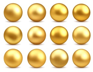 Twelve golden spheres with varied reflective surfaces on a white background