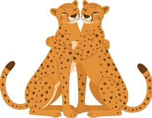 Two cartoon cheetahs hugging each other affectionately, smiling