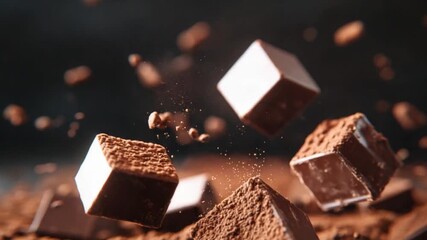 Decadent Cubes: Captured in mid-air, cubes of decadent confection, showered in cocoa dust, evoke temptation and indulgence.