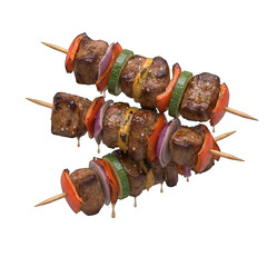 Three Skewers of Grilled Beef and Vegetables on White Background with Realistic Rendering