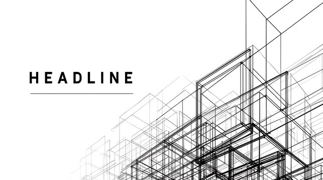 Geometric wireframe structure with bold text abstract architecture