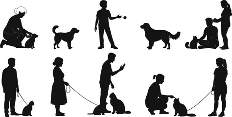 Obraz premium Human pet interaction silhouettes, people with dogs and cats, walking, playing, bonding, feeding, companionship, everyday lifestyle, animal care, flat vector