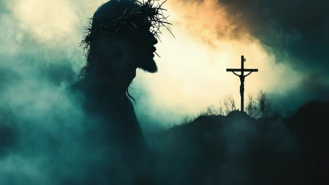 Silent Testimony: Silhouette of the figure with a crown of thorns, standing solemnly before a cross, embodying faith and sacrifice. Captured at twilight.