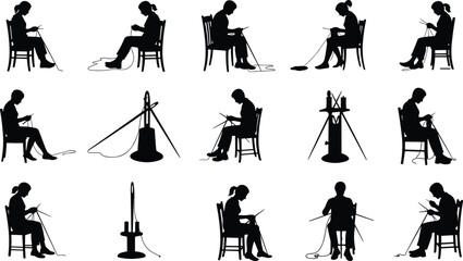 Knitting silhouettes, person with yarn, textile craft process, creative hobby, handmade art, traditional needlework, lifestyle activity, fabric creation, artisan skill, flat vector