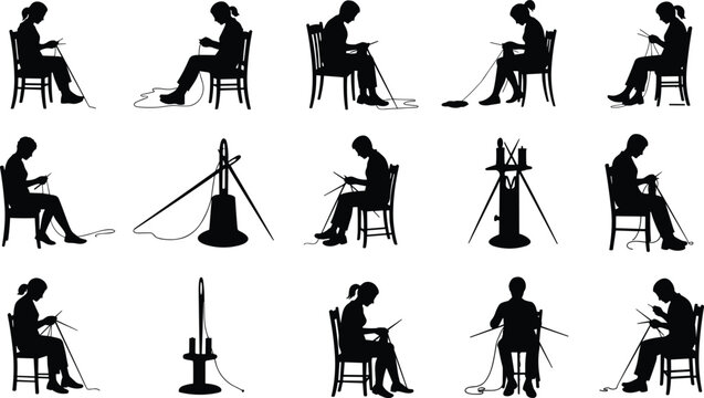 Knitting silhouettes, person with yarn, textile craft process, creative hobby, handmade art, traditional needlework, lifestyle activity, fabric creation, artisan skill, flat vector