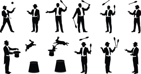 Magicians jugglers silhouettes, performance art poses, juggling clubs, magic tricks with rabbits, entertainment show, circus act, stage performance, flat vector design