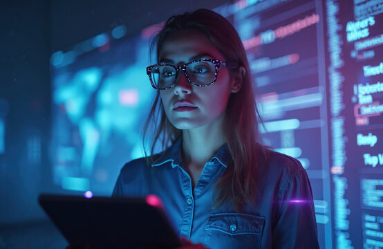 Woman in glasses looks at tablet screen. She works in digital office with big data analytics graph. Futuristic coding technology and interface.