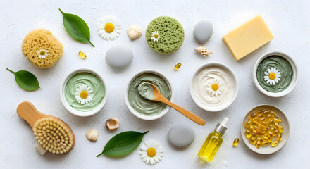 Natural skincare beauty spa treatments and cosmetic products flat lay