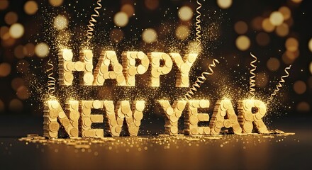 Golden Happy New Year Celebration with Sparkles and Confetti