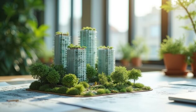Model cityscape features high rise buildings with green roofs. Tiny trees and landscaping surround structures on architectural plans. Sunlight streams in through window.