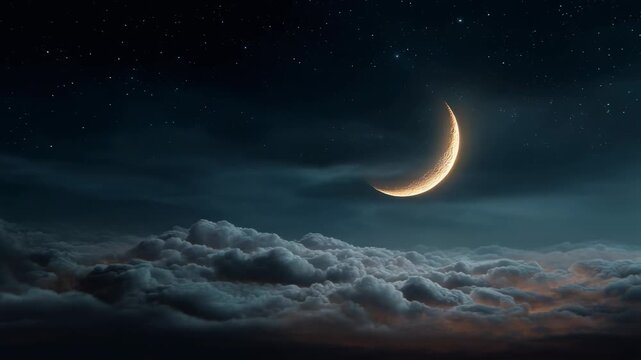 Stunning crescent moon over clouds in a starry night sky, perfect for dreamy and celestial themes
