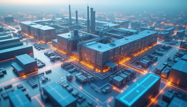 Digital smart factory simulation. Futuristic industrial complex with glowing orange lines shows automated production. Modern buildings and infrastructure represent advanced tech.