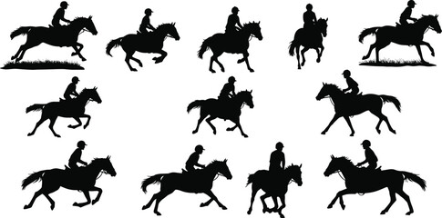 Horse riding silhouettes vector, equestrian motion illustration, rider helmet icons, gallop trot canter poses, animal locomotion graphics, sports training design