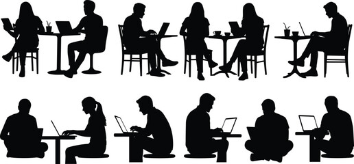 Laptop working silhouettes vector, people using computer illustration, casual workspace icons, café study design, remote work activity graphics