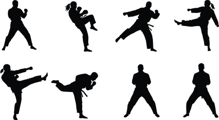 Martial arts silhouettes with fighters, karate, taekwondo, kicking, punching, combat stances, training illustration, sports lifestyle, discipline design, self defense, flat vector