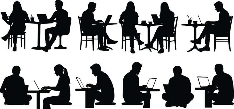 Laptop working silhouettes vector, people using computer illustration, casual workspace icons, café study design, remote work activity graphics