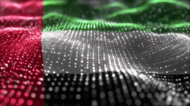AI Nanobots Forming UAE Flag Colors Wave Patterns Macro Slow-Motion Volumetric Light