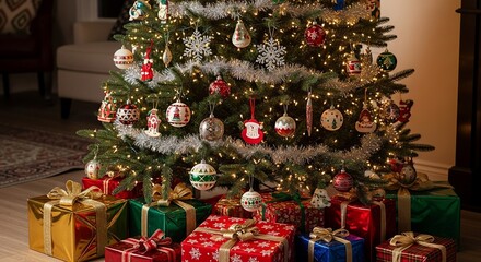 A beautifully decorated Christmas tree with twinkling lights and ornaments, surrounded by numerous wrapped presents on the floor.