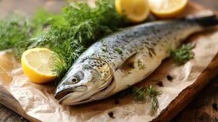 Fresh fish on parchment paper with lemon and dill