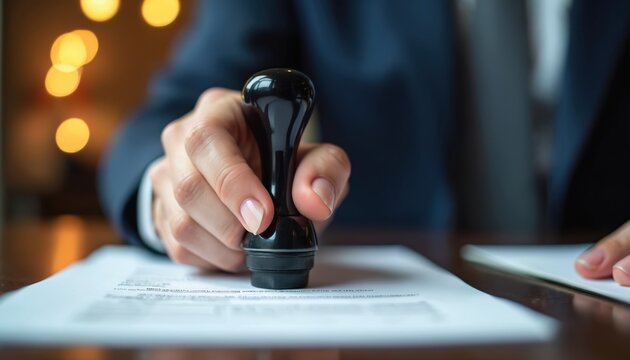 Hand presses stamp on document. Seal of approval for business contract. Validation of official paper by notary. Making transaction concept. Person approves document with the stamp in office