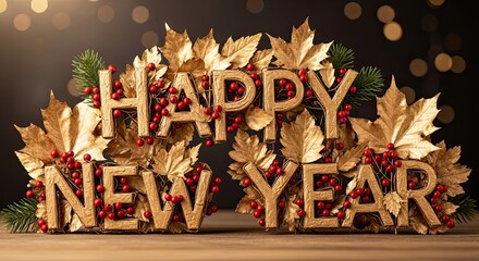 Golden Happy New Year Decoration with Red Berries and Leaves